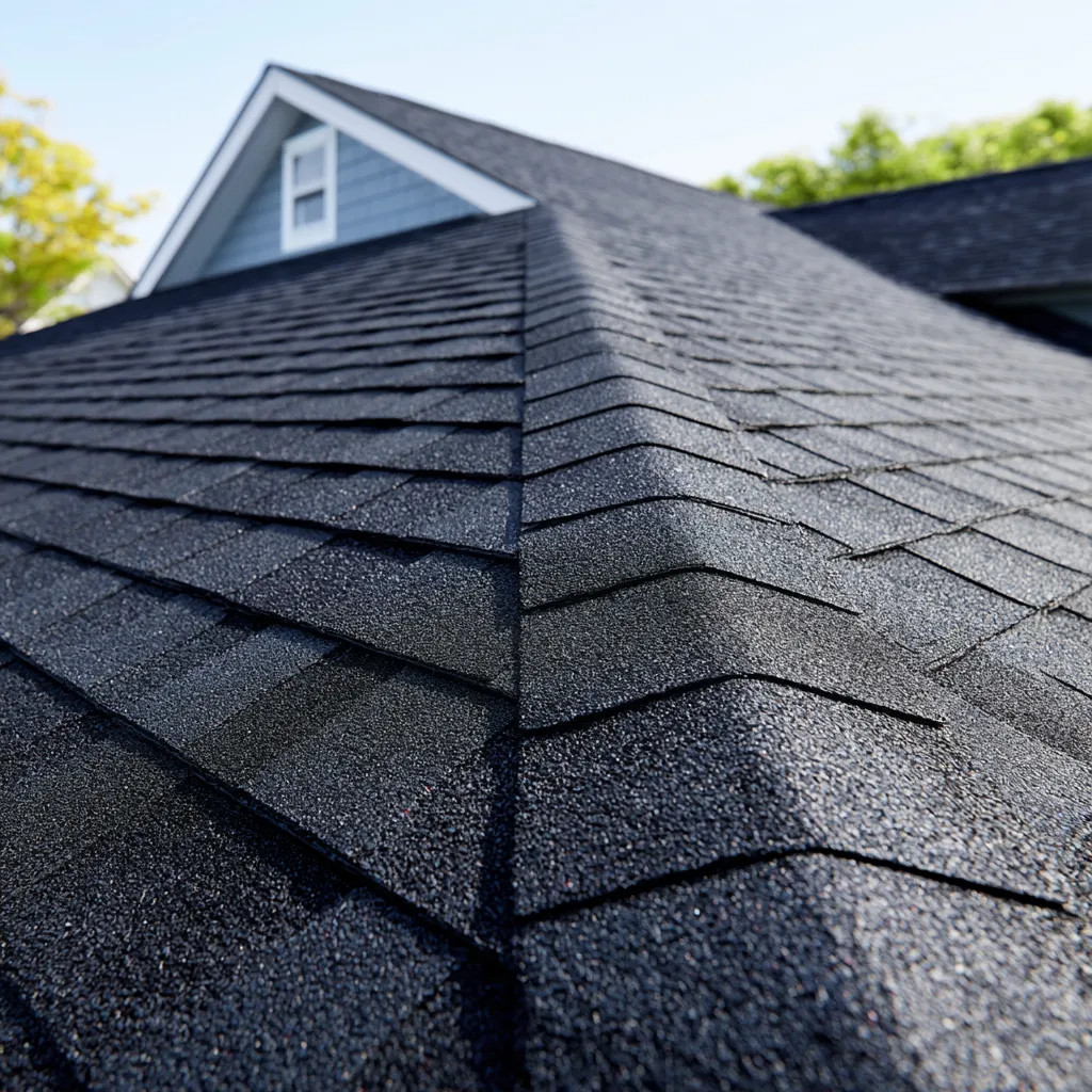 Blue dormer gable behind a black shingle roof ridge