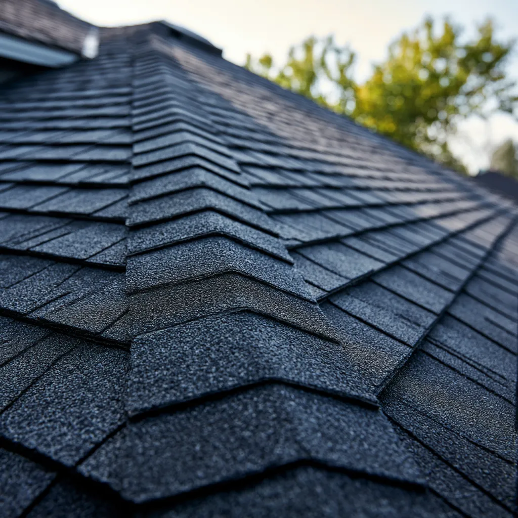 Ridge cap shingles stepping down a dark asphalt roof