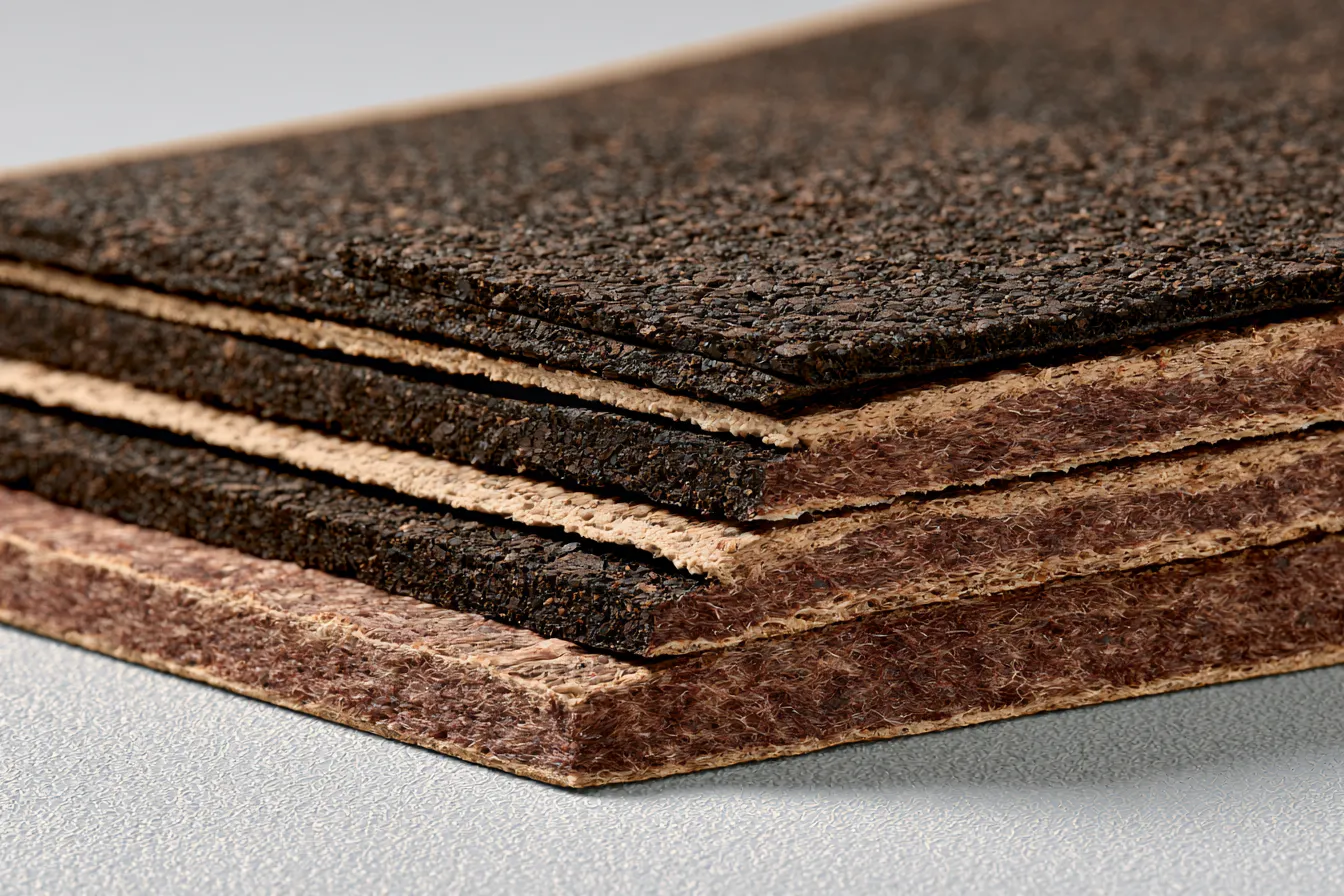 Layered asphalt shingle samples stacked to reveal their material cross-section