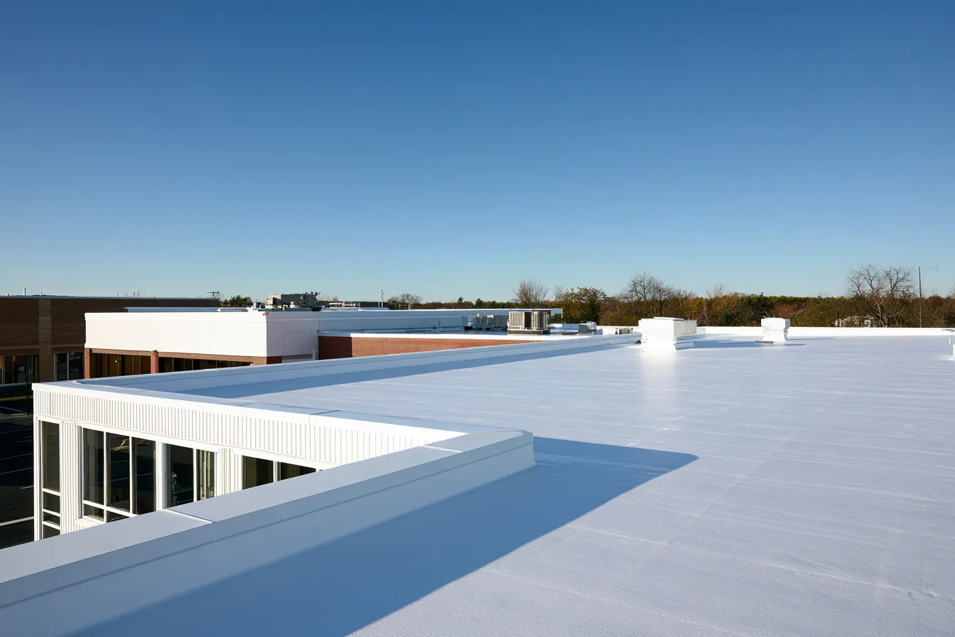 Parapet edge and coated flat roof atop a retail building
