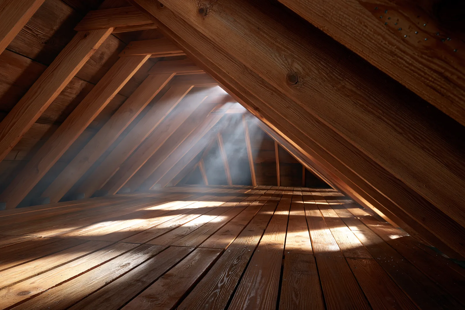 An open attic with wood trusses and rafters lit by streaming sunlight