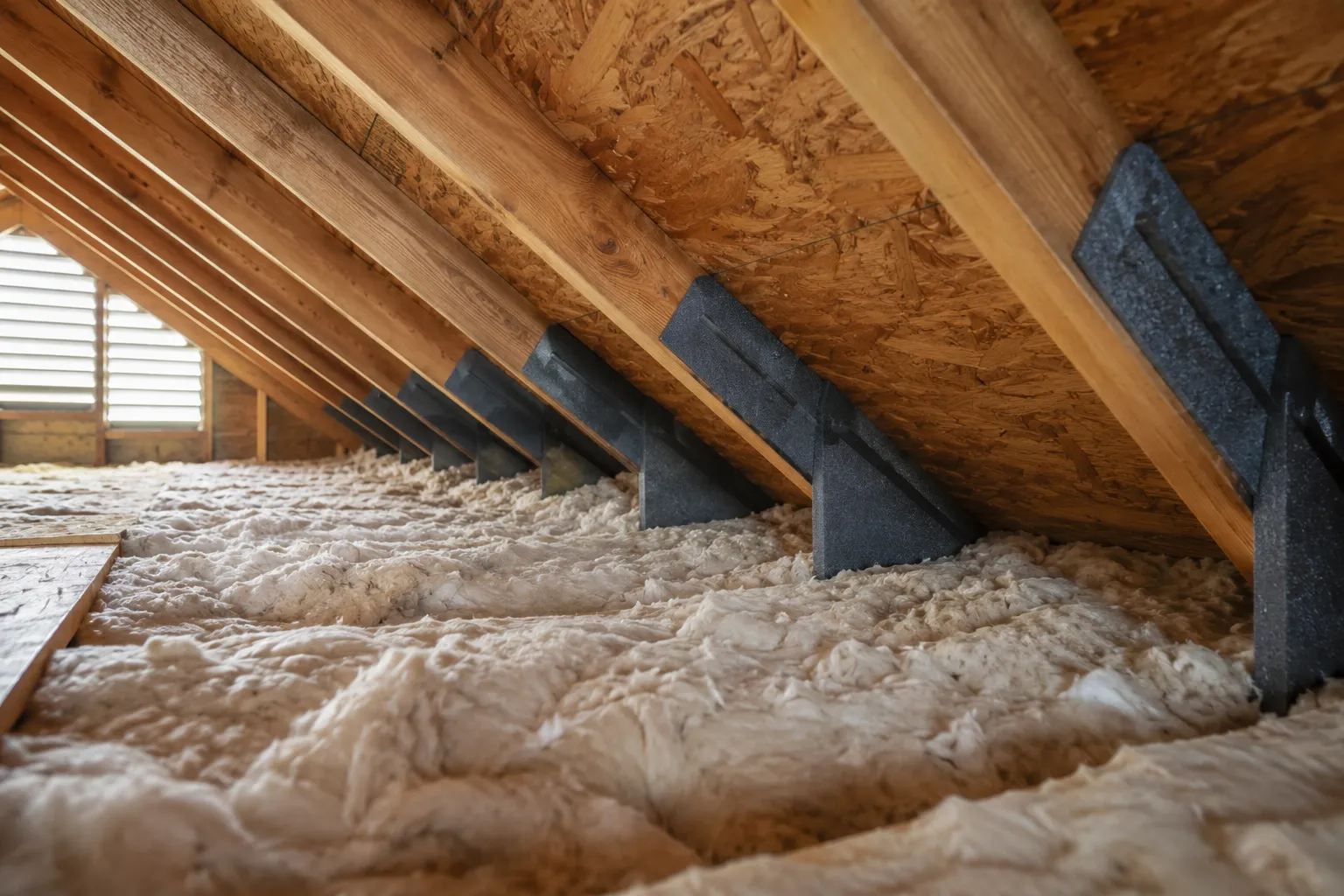 Foam ventilation baffles between rafters at the eave