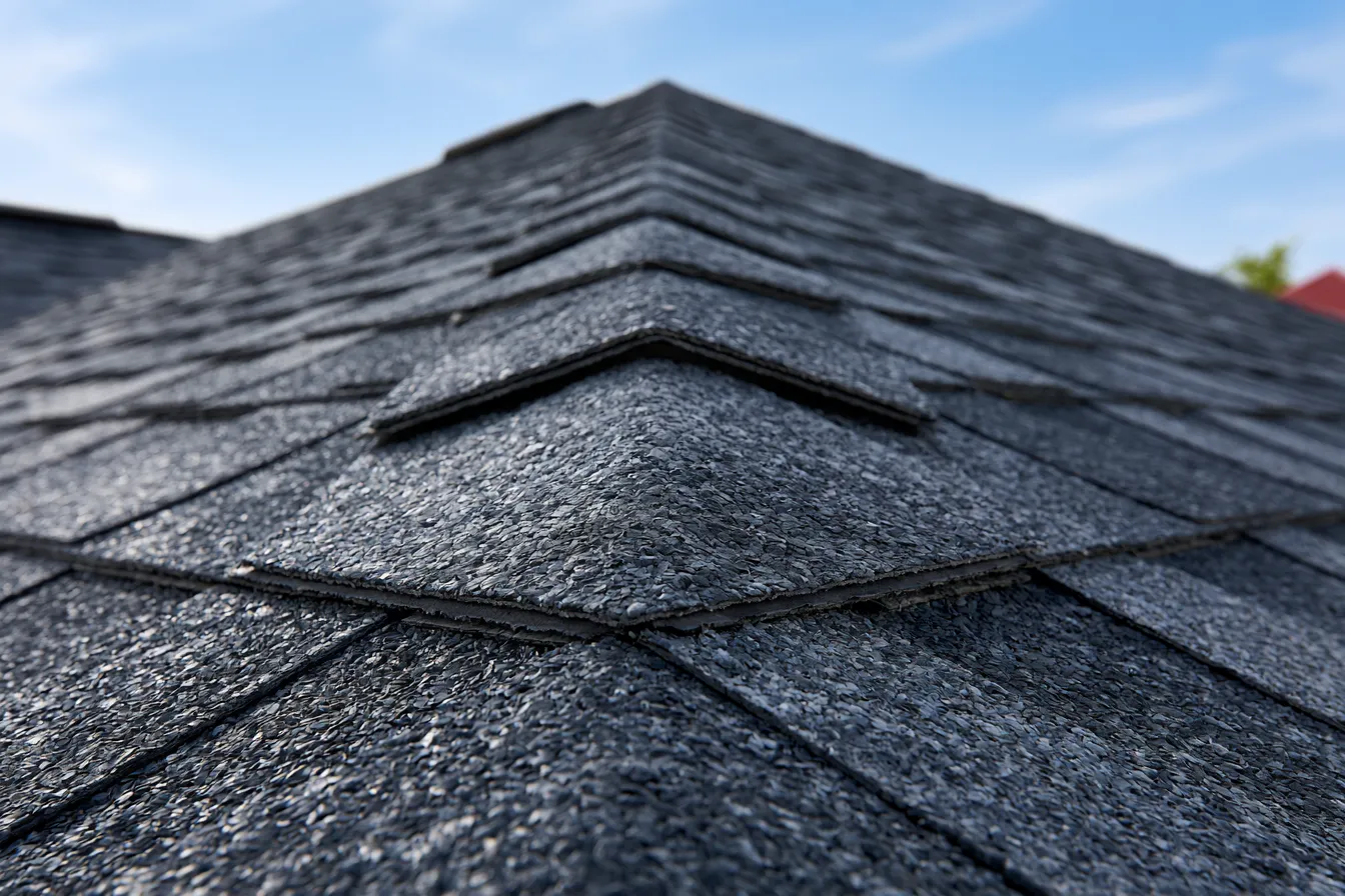 Overlapping cap shingles marching down the ridge