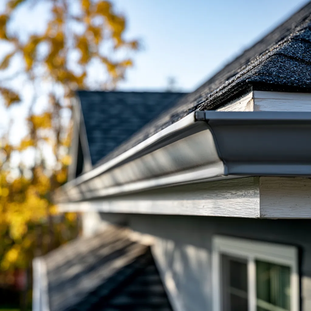 Autumn trees behind a K style gutter running along an eave