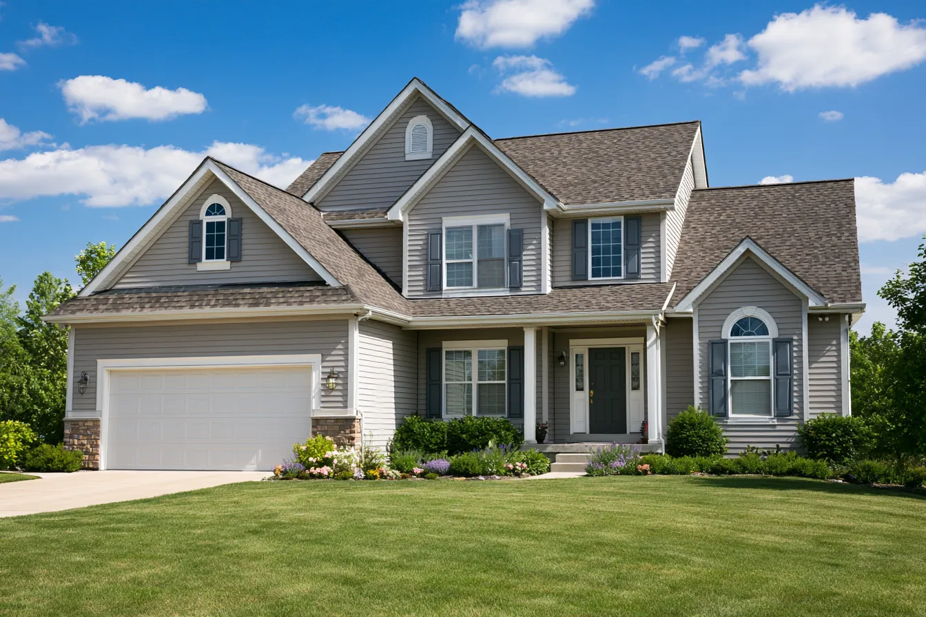 Gray two-story house featuring a white garage door and brown asphalt shingle roof