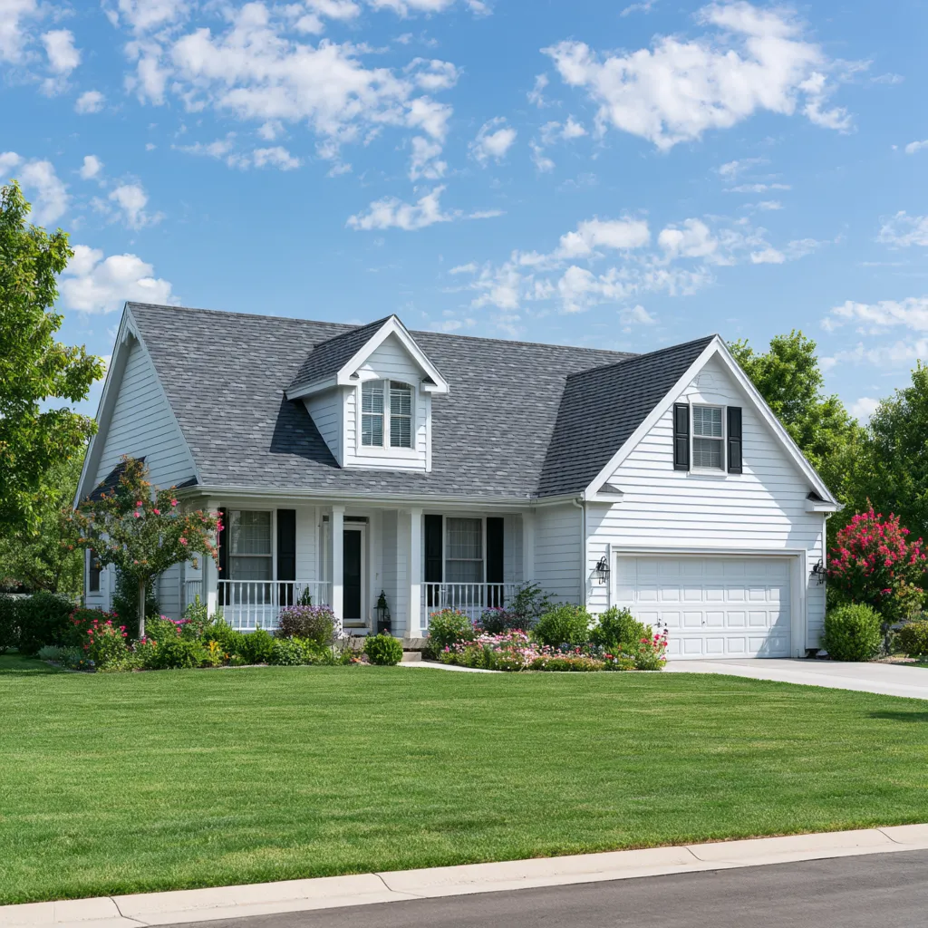 Black shuttered white house beneath a gray architectural shingle roof