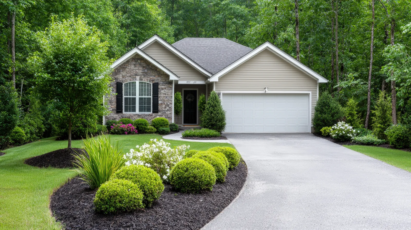 Lush landscaping surrounding a stone and siding home with a gray shingle roof