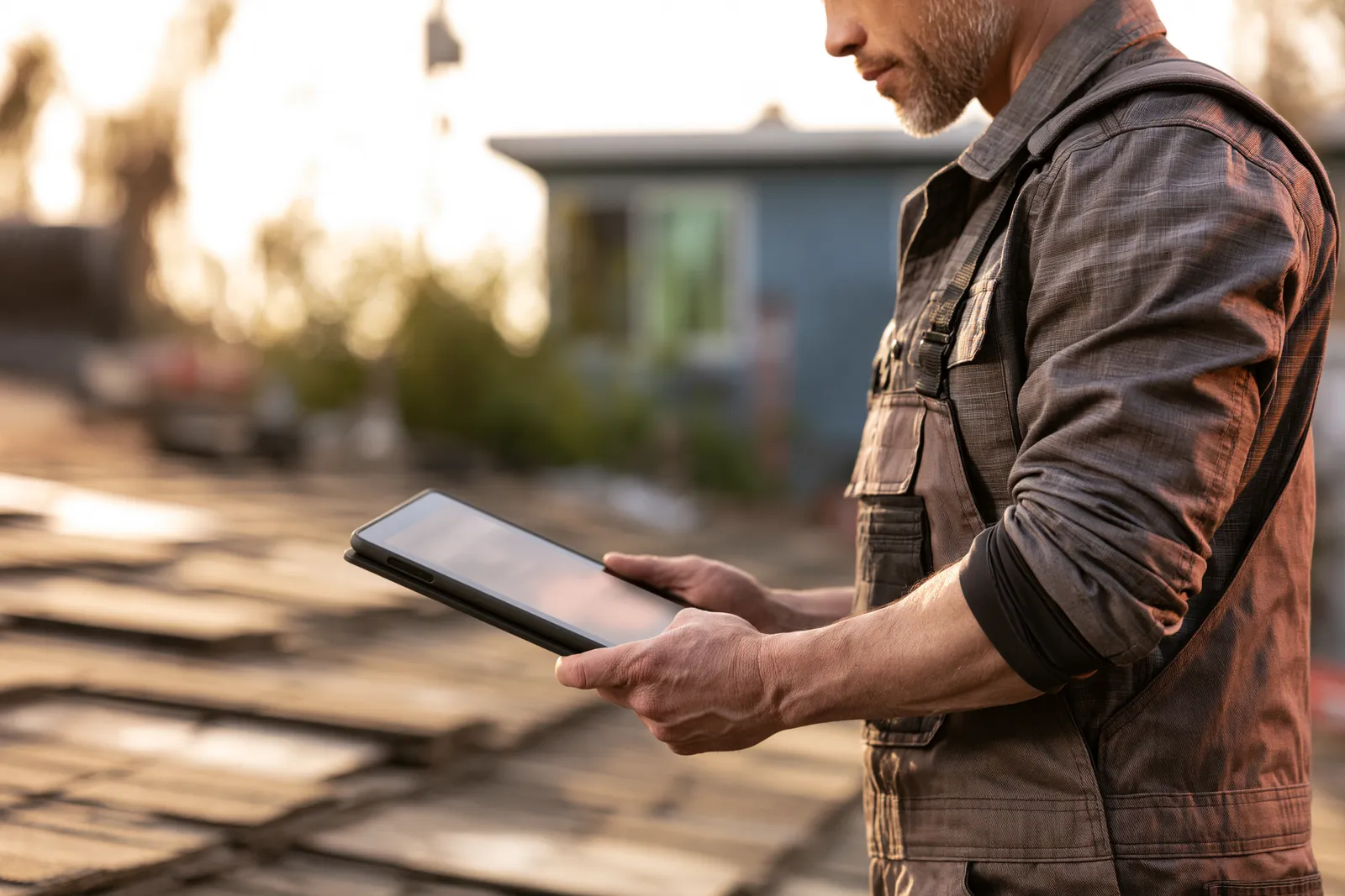 A roofer reviews a tablet while standing on an exposed roof deck
