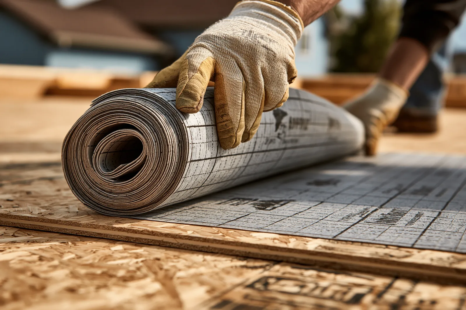 A roofer unrolling underlayment over exposed OSB roof decking