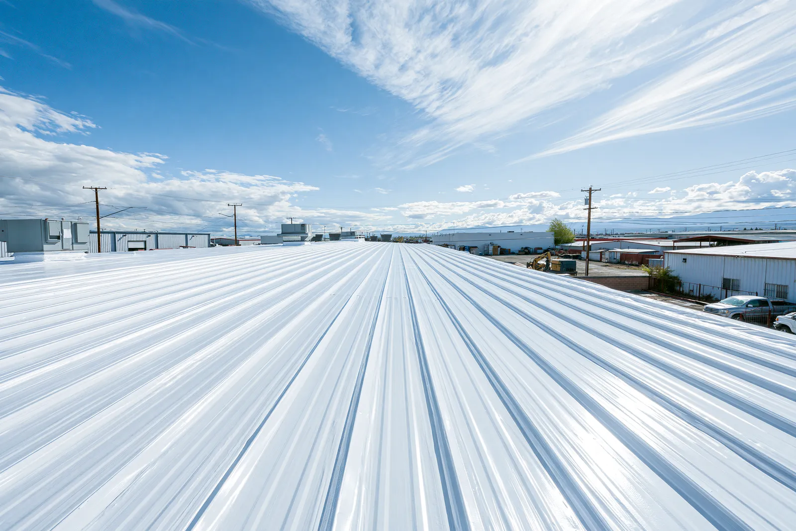Metal roof panels stretch toward the horizon above a parked truck