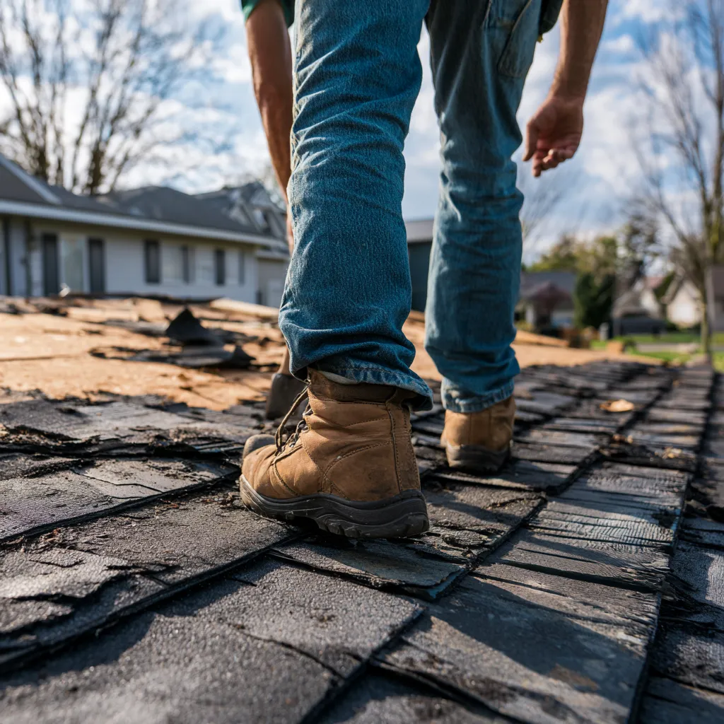 Work boots on a roofer walking over stripped dark roofing