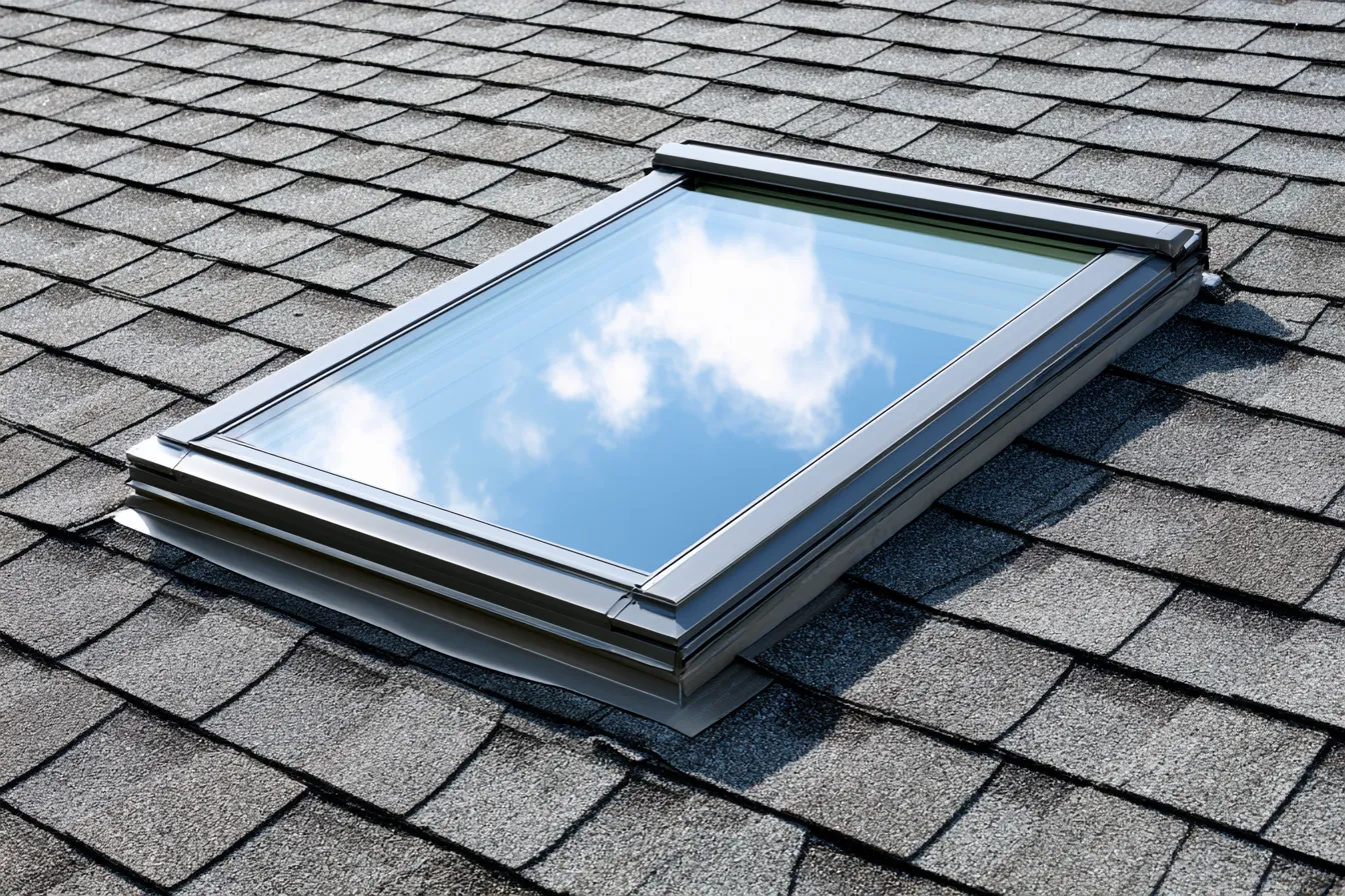 Metal flashing frames a rectangular skylight built into a gray shingle roof